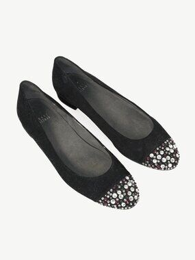 Stuart Weitzman Bubbly Black Suede Crystal-Cap-Toe Ballet Flats